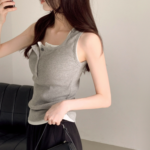 Korean-made Ribbed Button U-Neck Spandex Color Sleeveless T-Shirt ts5088