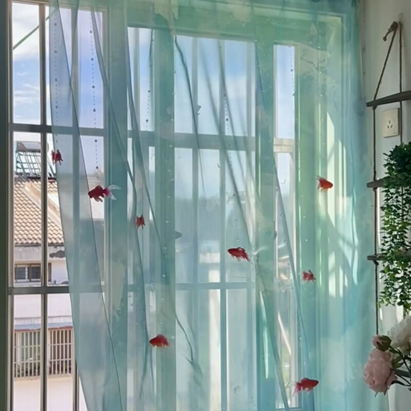 금붕어커텐 침실 창문 인테리어 휘날리는 물고기 쉬폰 문 커튼 침실 완제품 1세트 - 상세 이미지 4
