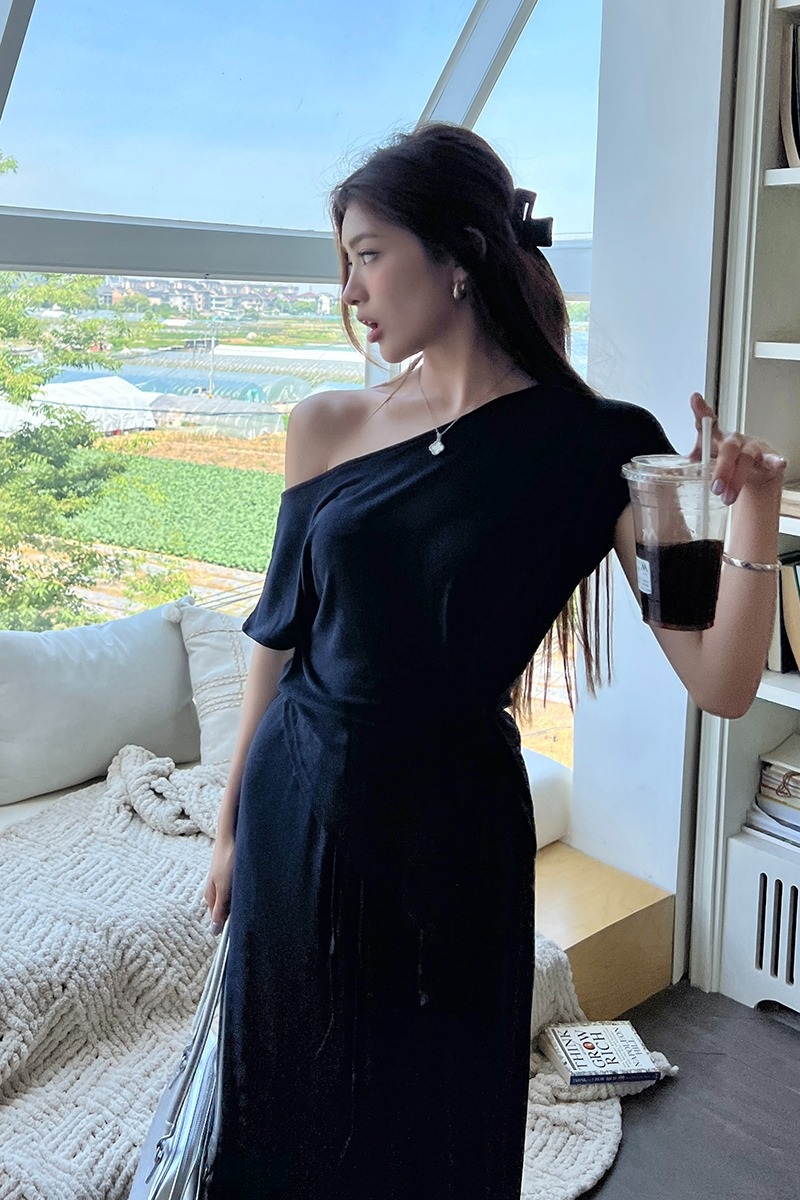 여름 모달 언발 오프숄더 반팔 티셔츠 랩 롱스커트 쓰리피스 세트 이미지 6