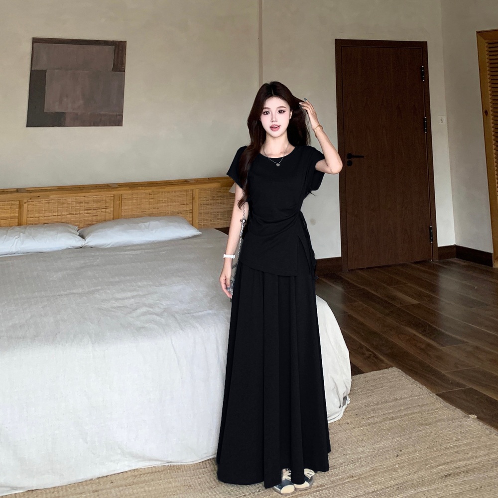 여성 빅사이즈 셔링 반팔 티셔츠 플레어 롱 스커트 상하의 세트 - 상세 이미지 3