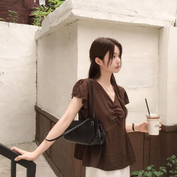 Made in Korea Shirring Cap Sleeve Peplum Flare Short Sleeve Blouse bs8876