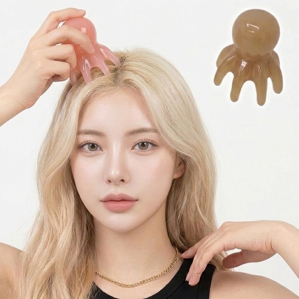 쉬유 문어 두피 마사지기 휴대용 괄사 지압기 목 어깨 승모근 마사지 핑크 브라운 - 상품 이미지