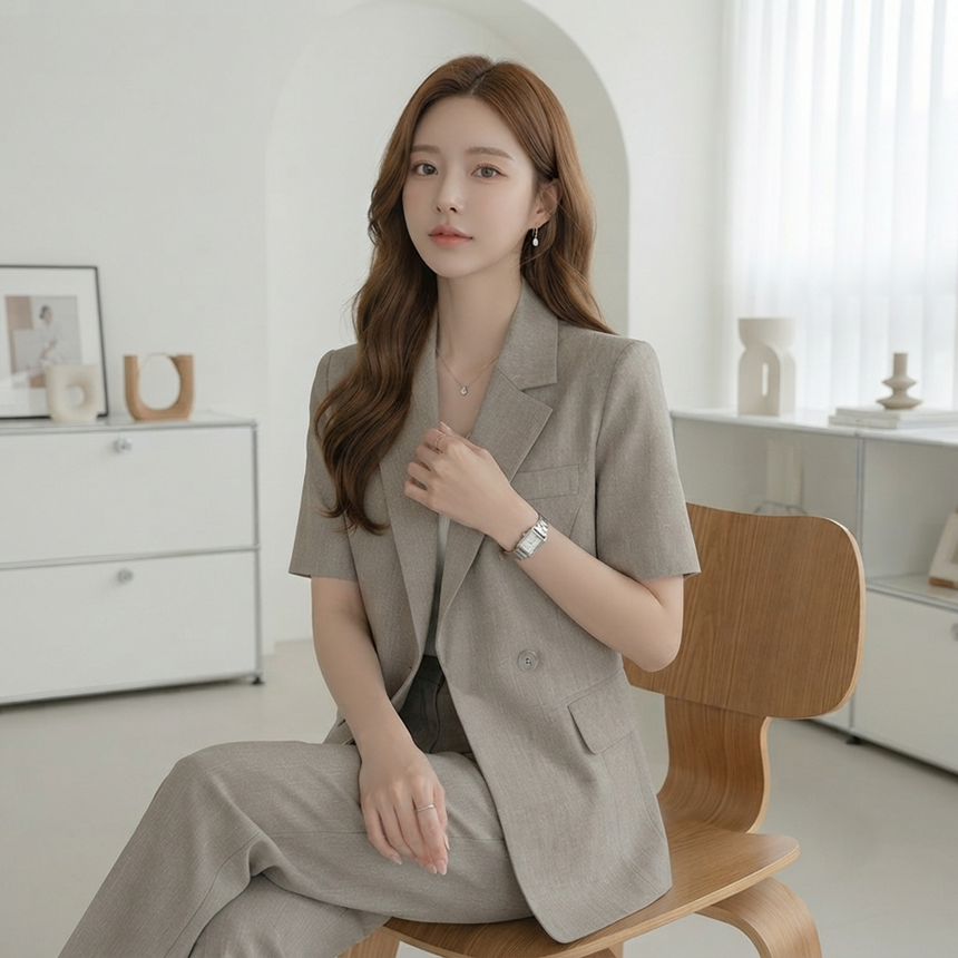 벨티드 여름 테일러드 반팔 린넨 자켓 썸머 슬림 더블 재킷 하객룩 출근룩 77가능