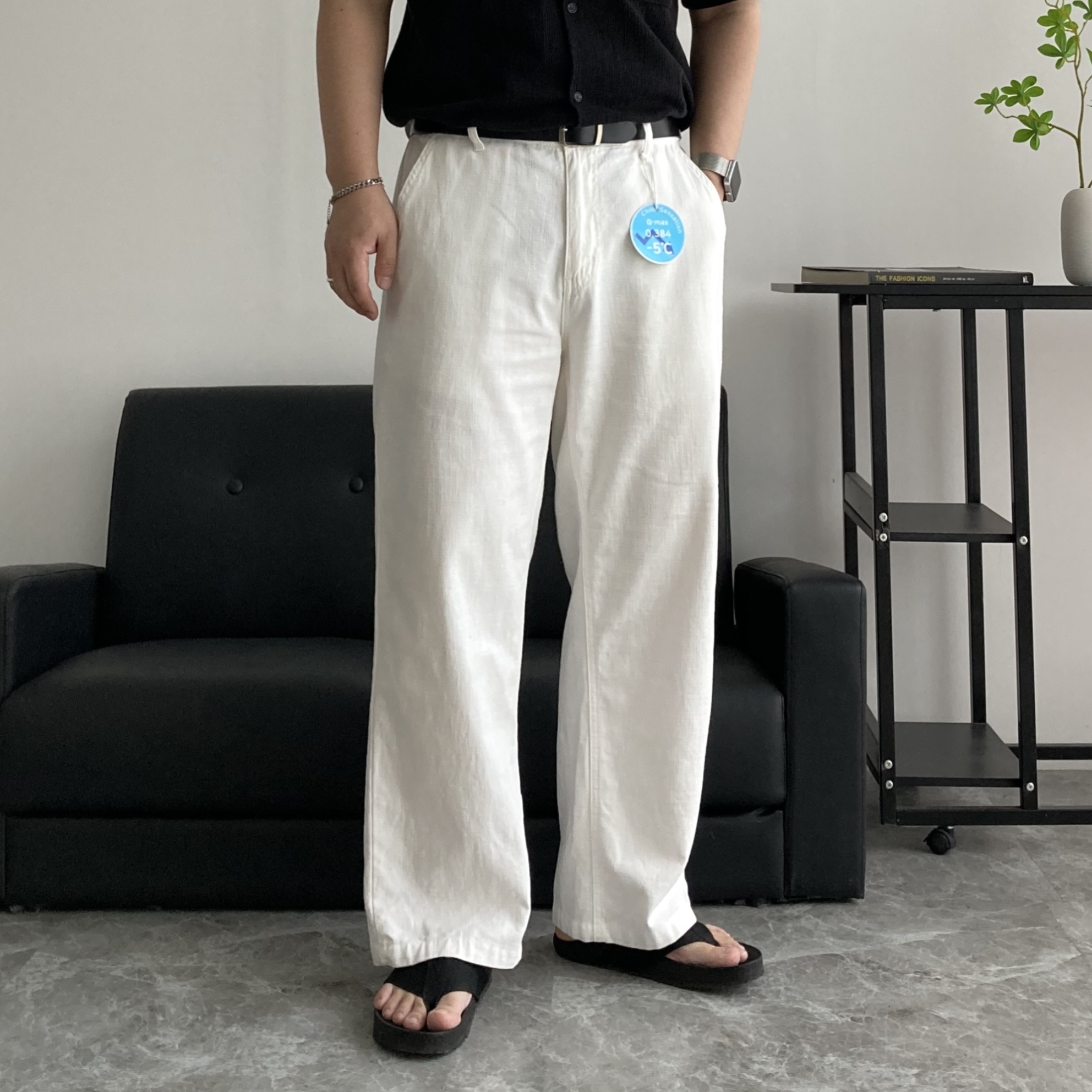 남자린넨바지 하일 사방슬랍 와이드면바지 쿨링 밴딩 와이드팬츠 S-3XL - 상품 이미지