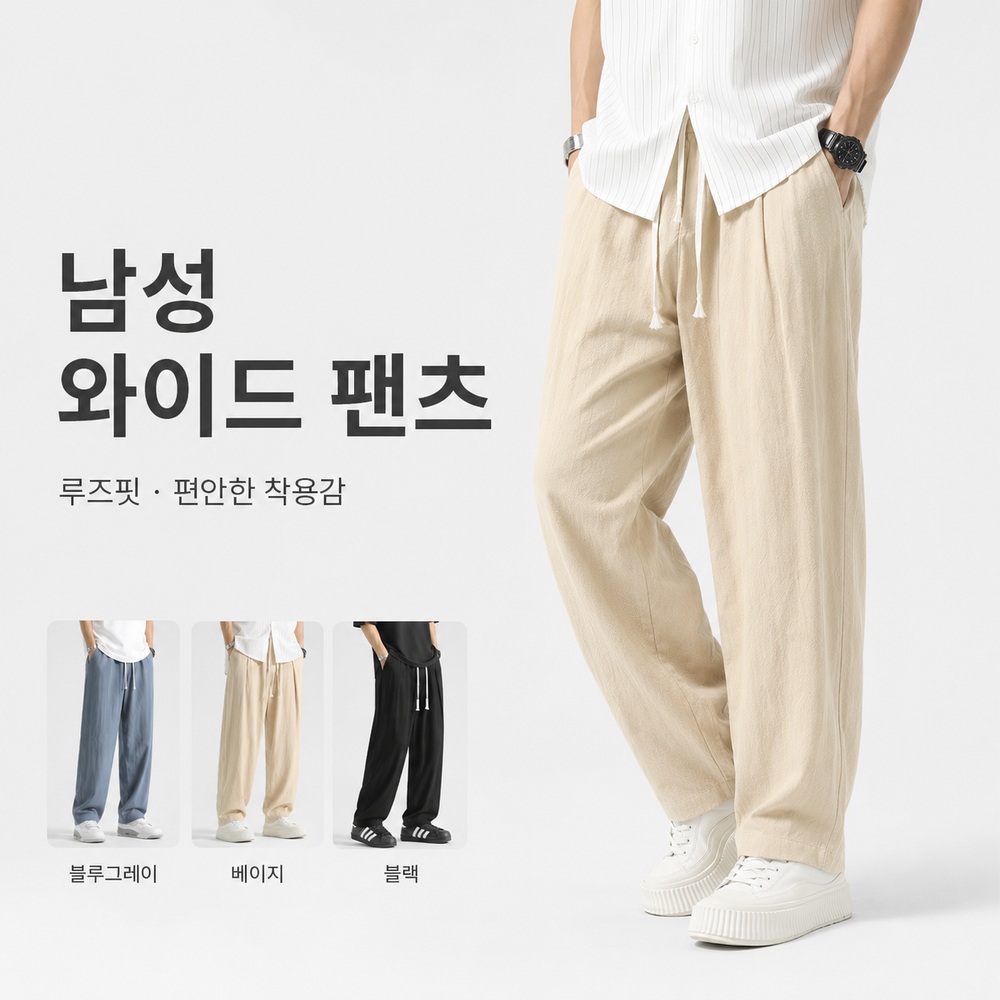 남성 여름 면 100% 와이드 밴딩 팬츠 루즈핏 일자 캐주얼 바지 - 상품 이미지
