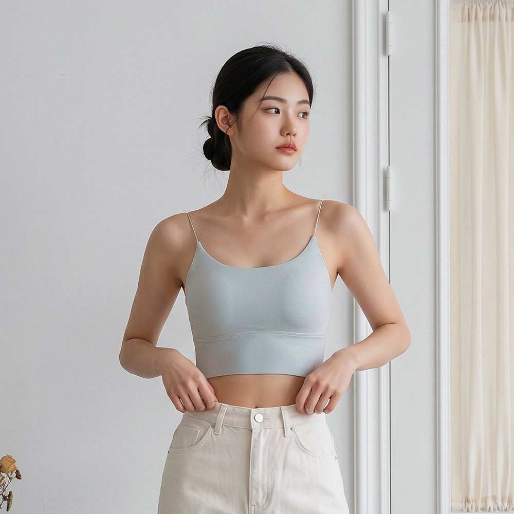 힙핑크 에버 캡 크롭 라운드넥 등파인 끈 나시탑 (일체형패드) - 상품 이미지