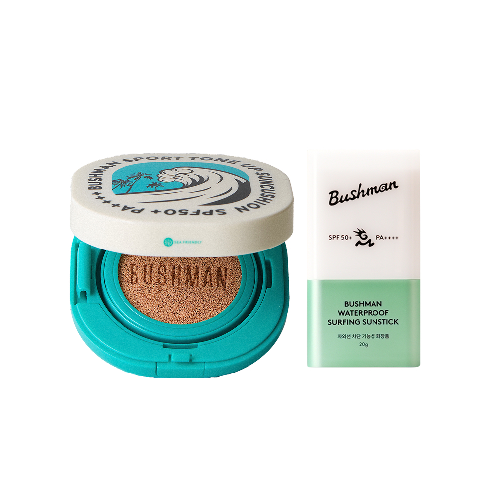 부쉬맨 스포츠 톤업 선쿠션 15g, 워터프루프 선스틱 20g, SPF50+ PA++++ 2종세트 - 상품 이미지