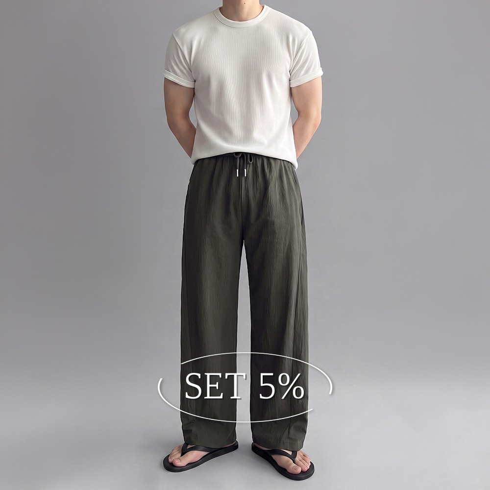 [SET] 세미머슬핏 와플 반팔티 + 사이드턱 린넨 팬츠 - 상품 이미지