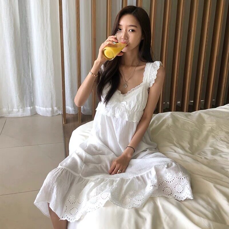 공주 잠옷 레이스 홈웨어 롱 프릴 원피스 여성 파자마 리본 여름 귀여운 민소매 - 상품 이미지