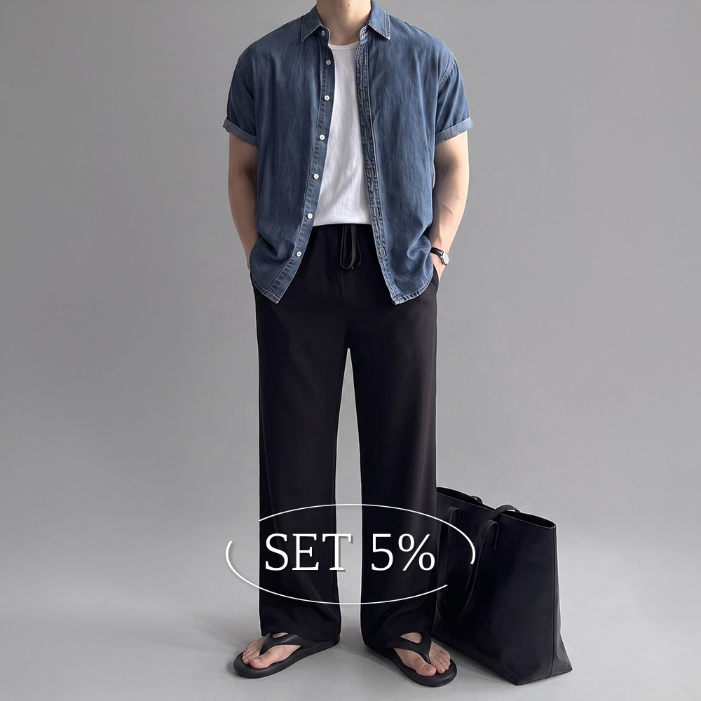 [SET] 오버핏 데님 반팔셔츠 + 세미와이드핏 냉장고 팬츠 - 상품 이미지