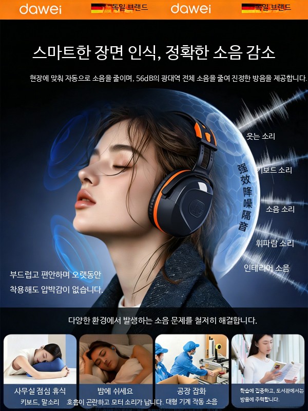소음차단 귀마개 헤드셋 심플 헤드폰 청력 보호 독서 1. 조절 오렌지 이미지 6
