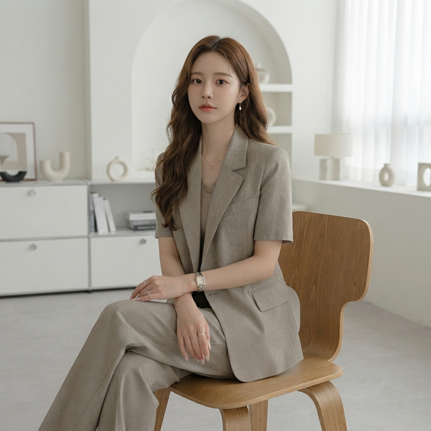 벨티드 여름 테일러드 반팔 린넨 자켓 썸머 슬림 더블 재킷 하객룩 출근룩 77가능