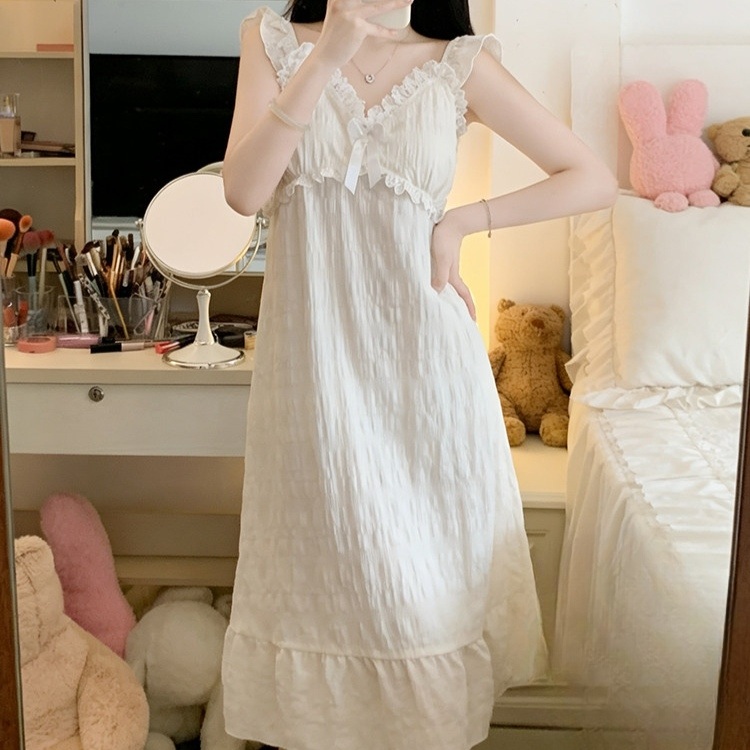 공주 잠옷 레이스 여성 프릴 민소매 원피스 파자마 롱 나시 홈웨어 여름 브라패드 내장 - 상세 이미지 4