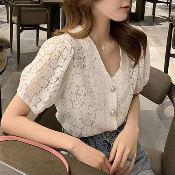 시스루 여성 레이스 블라우스 루즈핏 여성 브이넥 블라우스 오버핏 꽃무늬 - 상품 이미지