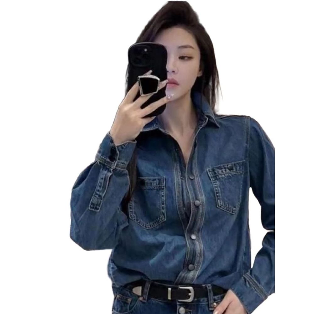 여성 데님 셔츠 남방 포켓 청 코디 긴팔 자켓 레이어드 캐주얼 간절기 - 상품 이미지