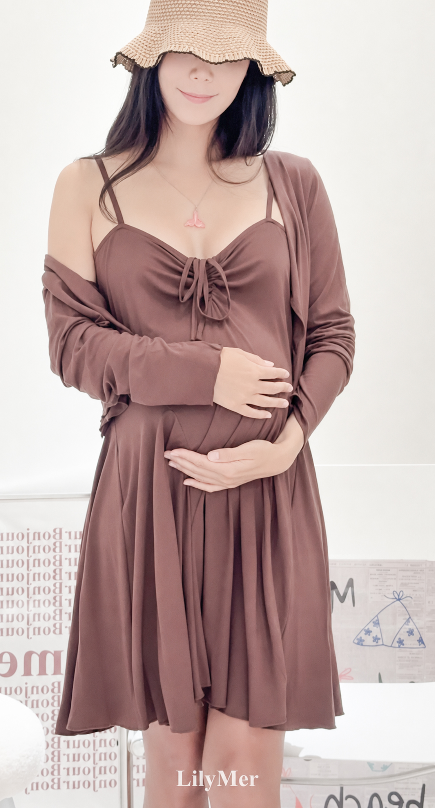 모카 브라운 쫀득 소프트 나시 임산부 원피스 가디건 세트