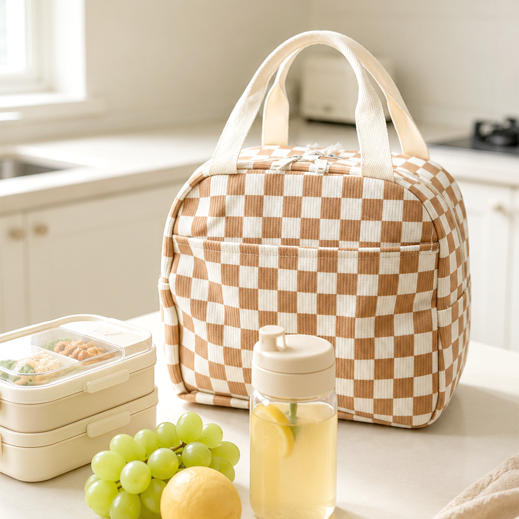 보온 도시락가방 직장인 도시락 보냉백 코듀로이 런치백 체커보드 코랄 - 상품 이미지