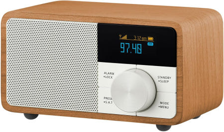 [해외]OLED 디스플레이 와이드 FM 호환 라디오 및 블루투스 스피커 체리 우드 캐비닛 알람 기능이 있는 손바닥 크기의 컴팩트 스피커를 갖춘 국산 Sangean WR305