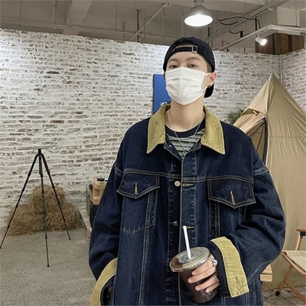 오버핏 남성 데님 자켓 캐주얼 남성 청 자켓 골덴 배색 - 상품 이미지