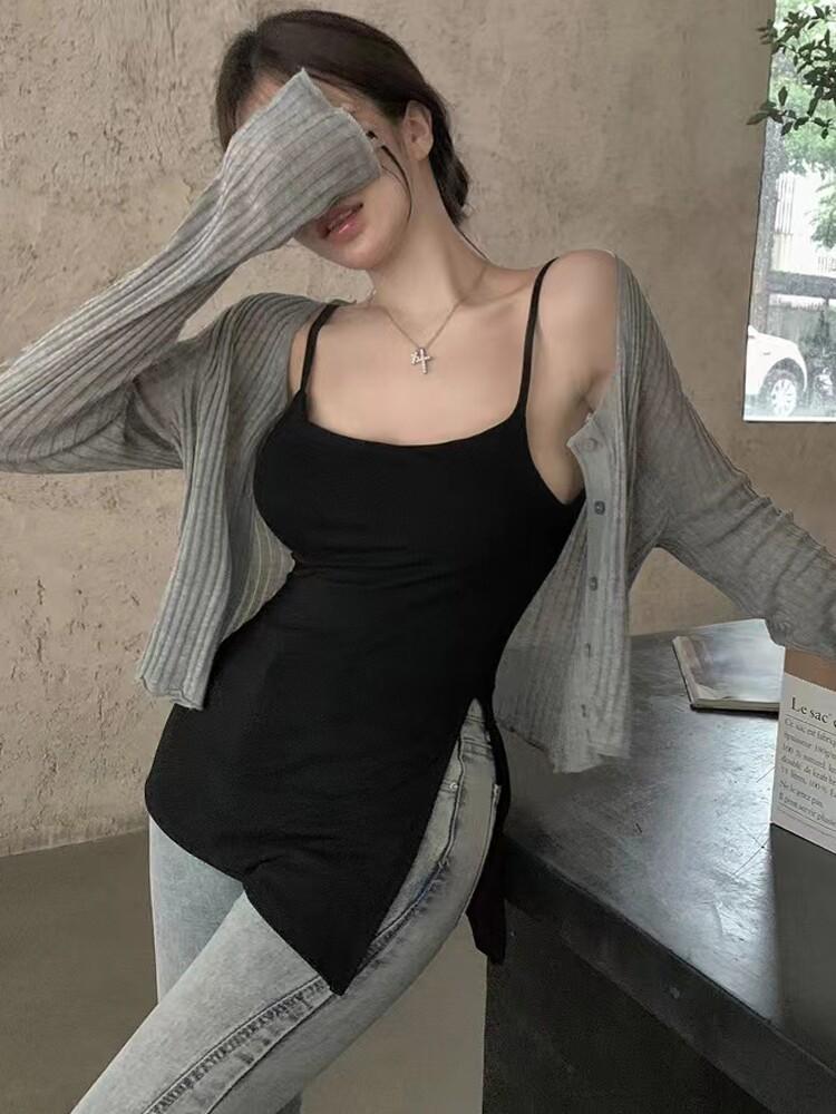 슬림 이너탑 민소매 홀터넥 나시 여 여름 핏섹시매력매력매력저고리외투니트레드오프라인숏레깅 - 메인 이미지