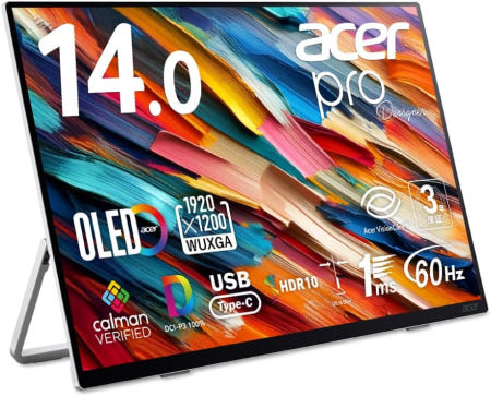 [해외]Acer ProDesigner 크리에이터 모바일 모니터 4인치 OLED 광택 WUXGA 60 DCIP3 00 칼만 60Hz ms GTG 600g 초박형 HDR0 HDMI 4