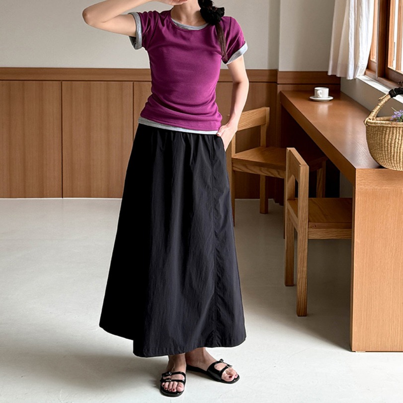 생활방수 볼륨 벌룬 A라인 밴딩 롱 스커트 이미지 6