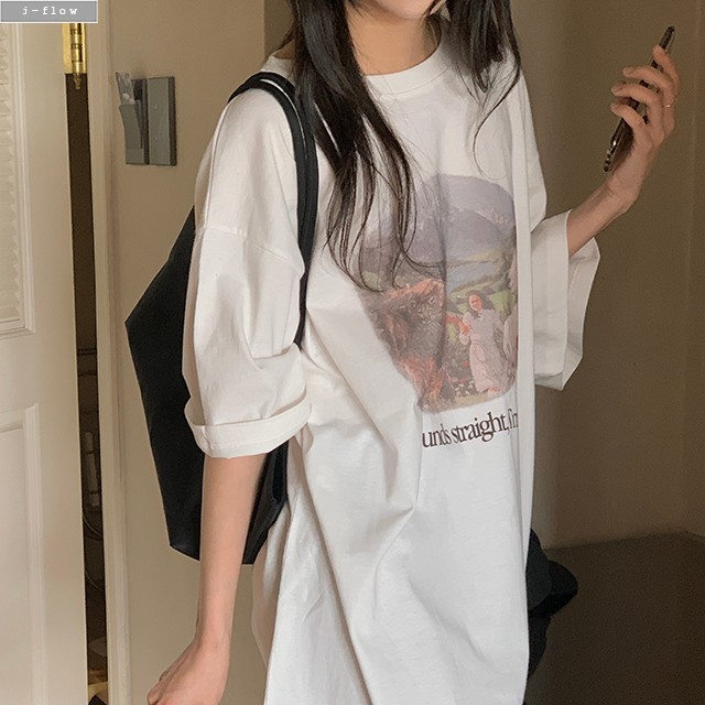 포아 박시핏 나염 마운틴 코튼 티셔츠 3col 여름 빅사이즈 하프 프린팅 데일리 제이플로우 - 상세 이미지 3