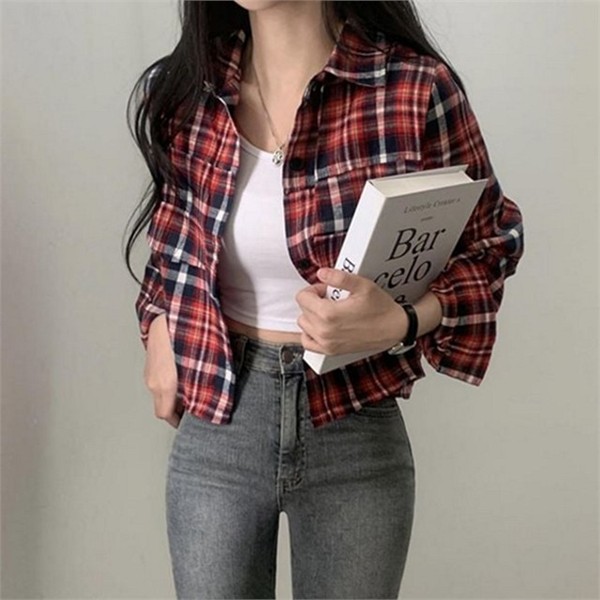 루즈핏 여성 크롭 셔츠 4컬러 캐주얼 여성 체크 셔츠 데일리 - 상품 이미지