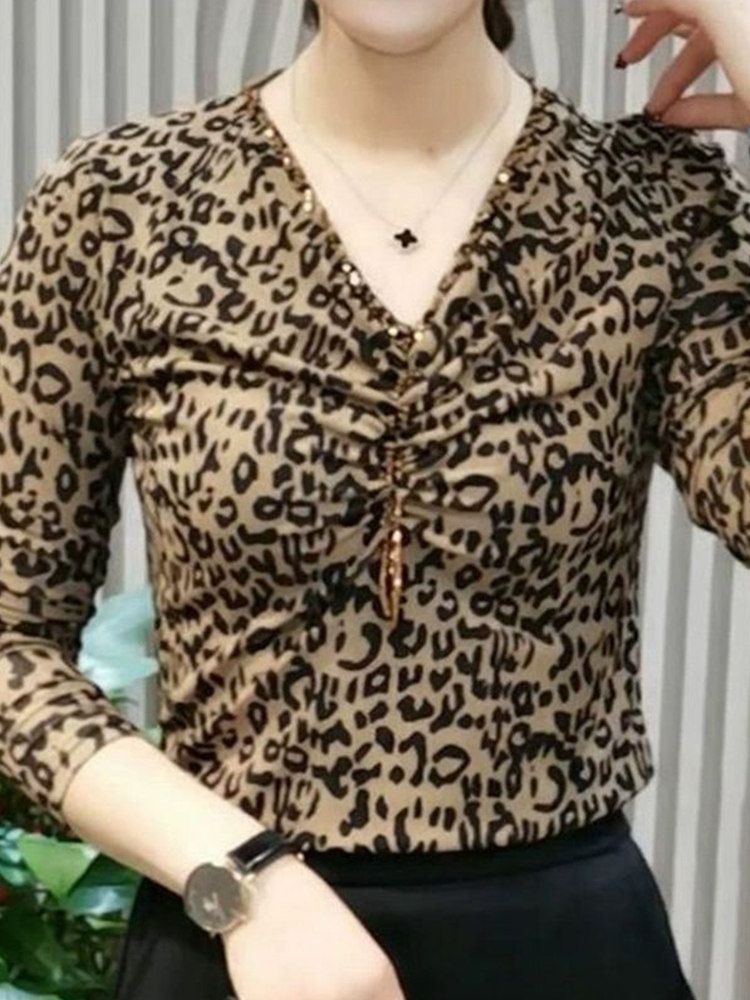 호피무늬 티셔츠 복 라틴 상의 댄스 브이넥 의상 무대 슬림 라인 - 상세 이미지 3