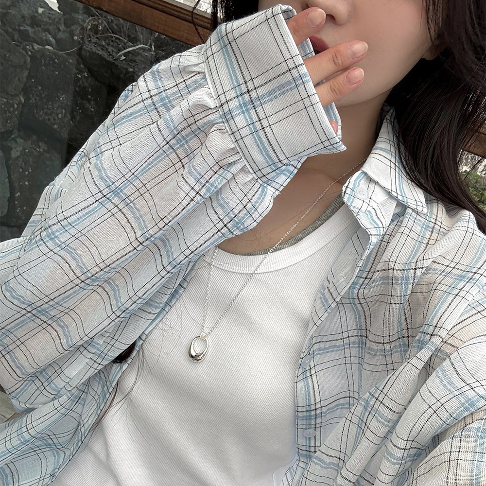여름 린넨 오버핏 체크 롱 셔츠 이미지 6