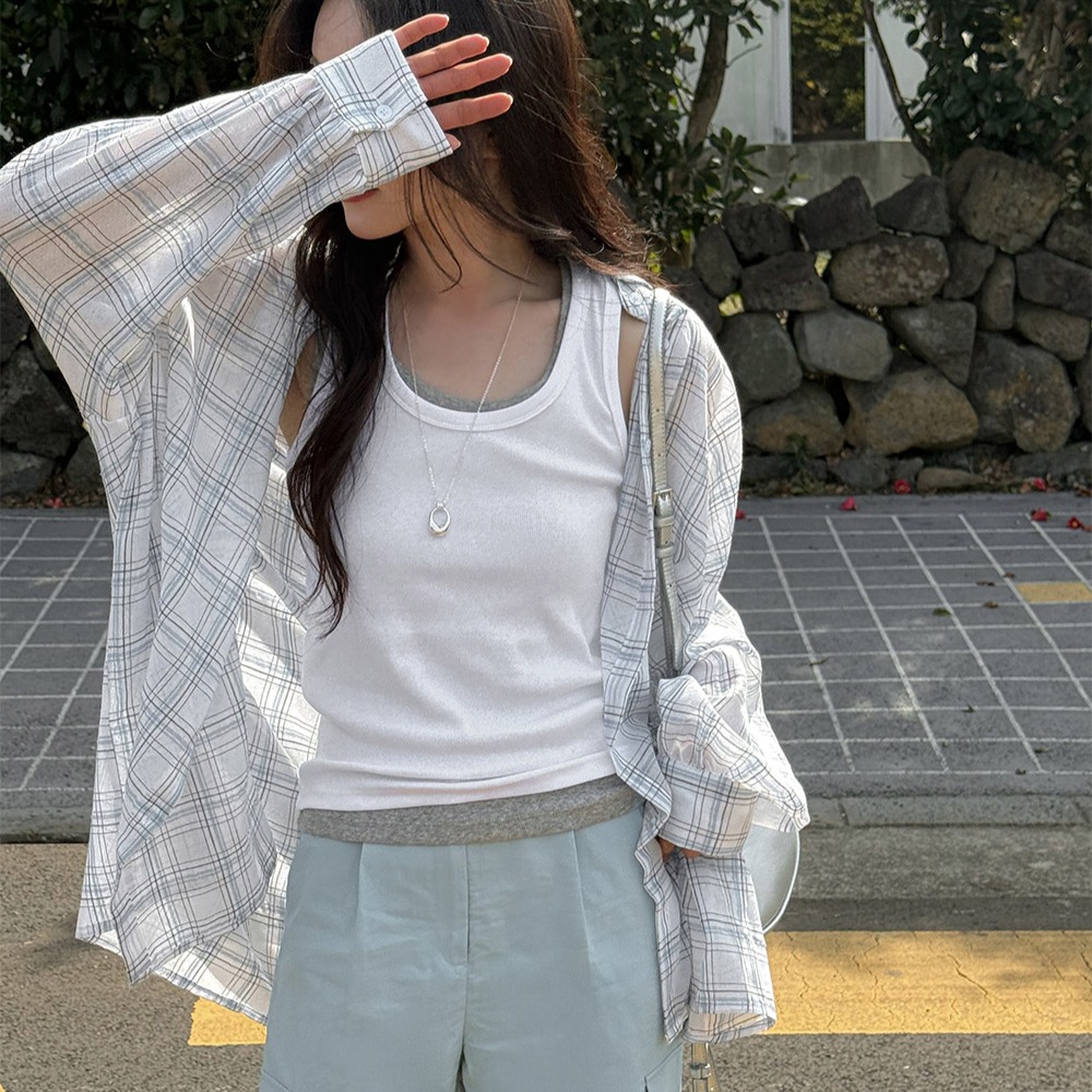여름 린넨 오버핏 체크 롱 셔츠 이미지 7