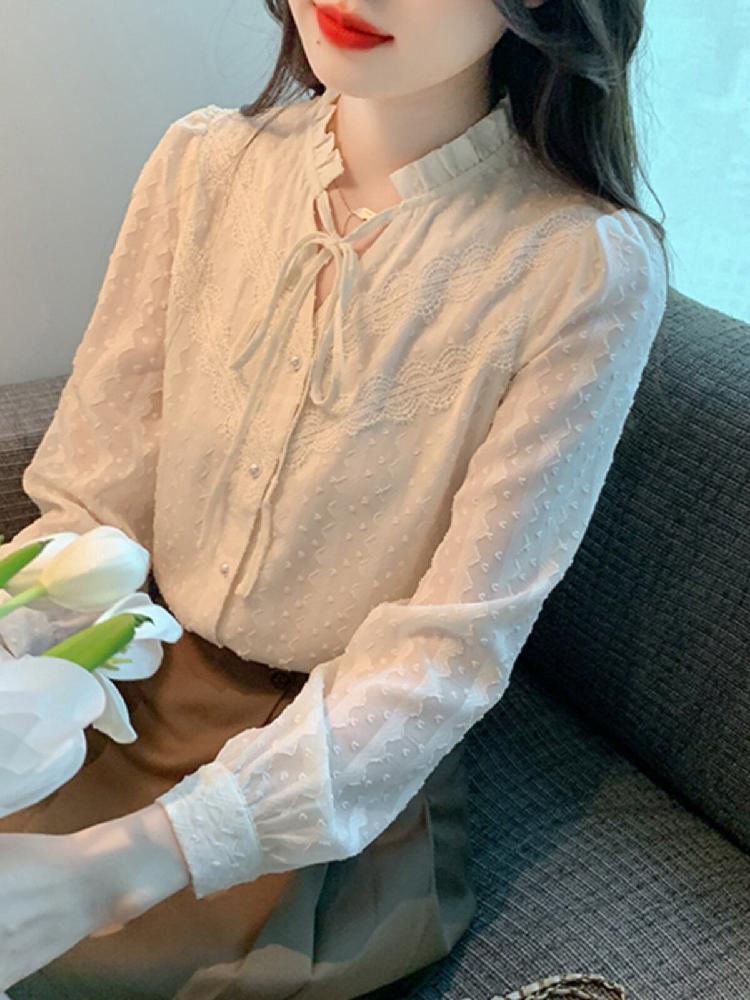 쉬폰 레이스 블라우스 봄옷 리본 스트랩 여성 프릴 셔츠 긴팔 상의 - 상세 이미지 5