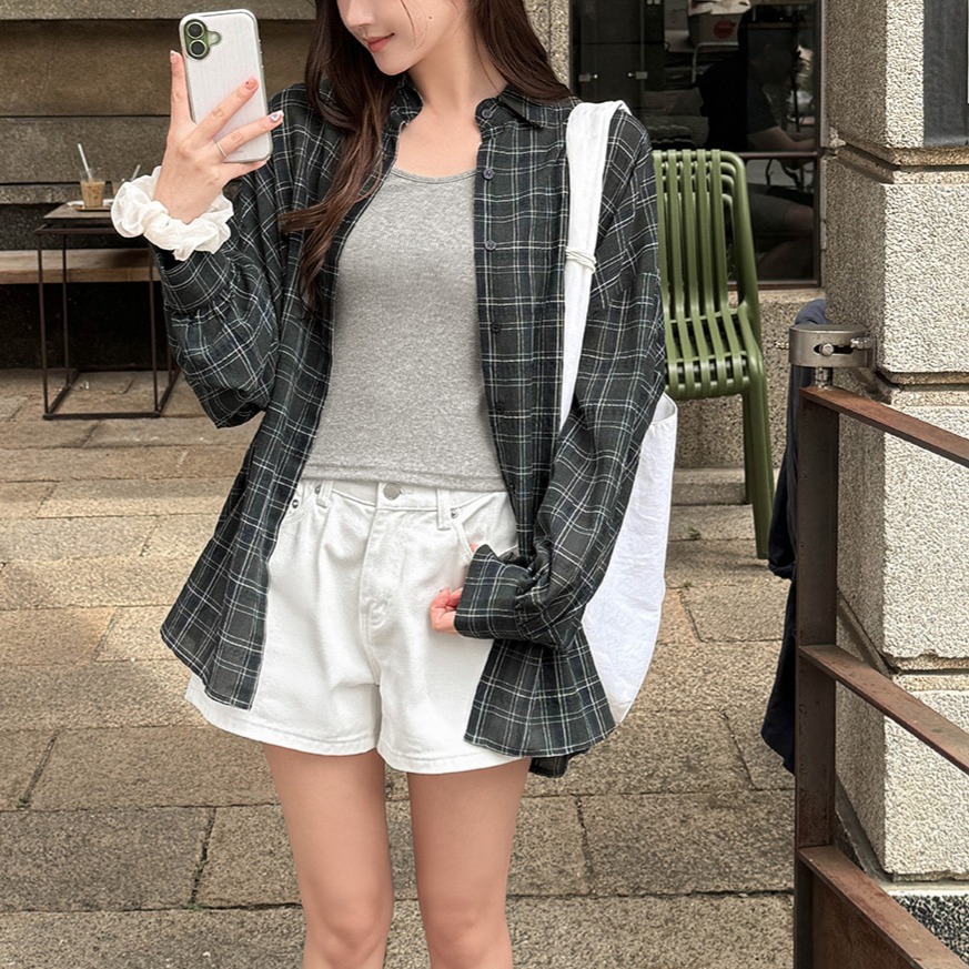 여름 린넨 오버핏 체크 롱 셔츠 - 상세 이미지 2