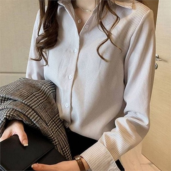 오버핏 여성 스트라이프 셔츠 차이나카라 여성 줄무늬 남방 데일리 봄가을 - 상세 이미지 2