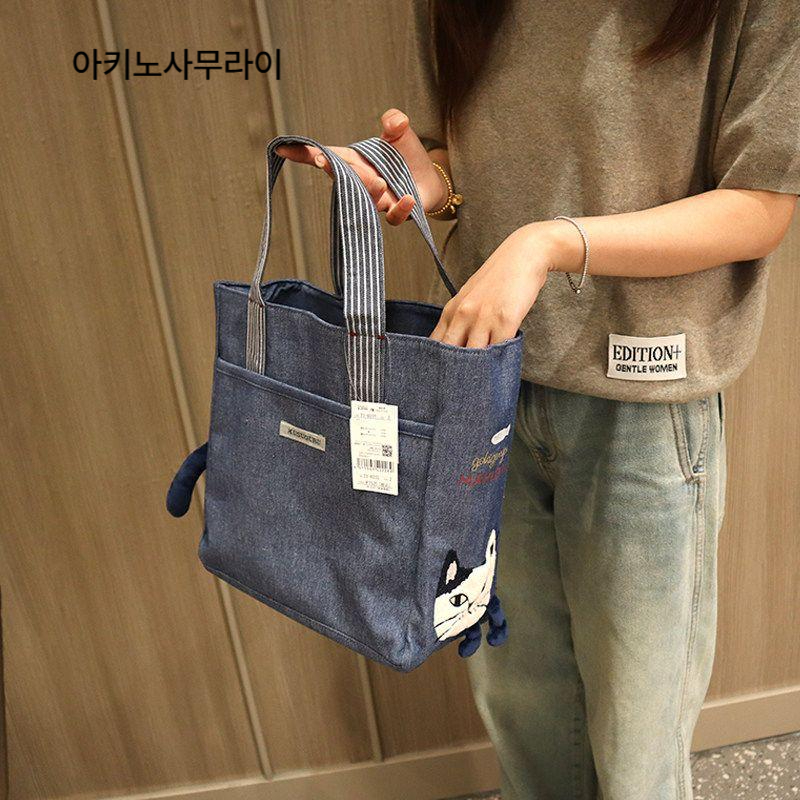 자수 고양이 대용량 토트백 핸드백 칸막이 분리 수납 대학생 직장인 일상 데일리 가방 도시락 머스터드옐로우 27x25x14.5 - 상세 이미지 2
