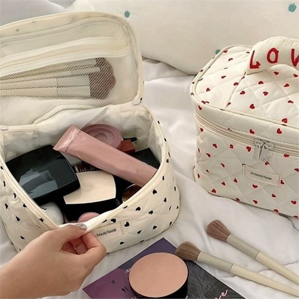 여행용 화장품 정리 파우치 귀여운 패브릭 화장품 파우치 손잡이 하트 - 상세 이미지 2