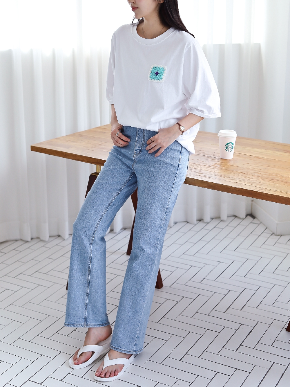 여성반팔티 흰티 뜨개 모티브 루즈핏 5부 반팔 티셔츠 - 상세 이미지 3