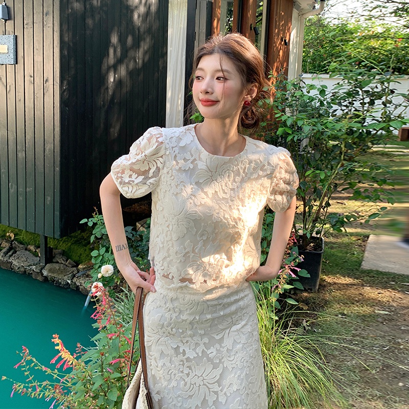 여름 자수 레이스 반팔 상의 롱스커트 투피스 세트 하객룩 - 상세 이미지 4