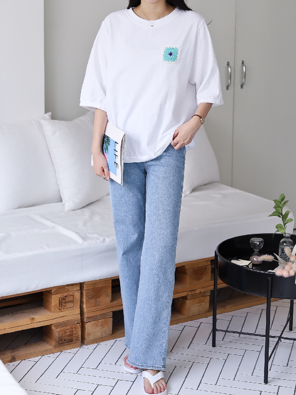 여성반팔티 흰티 뜨개 모티브 루즈핏 5부 반팔 티셔츠 이미지 6