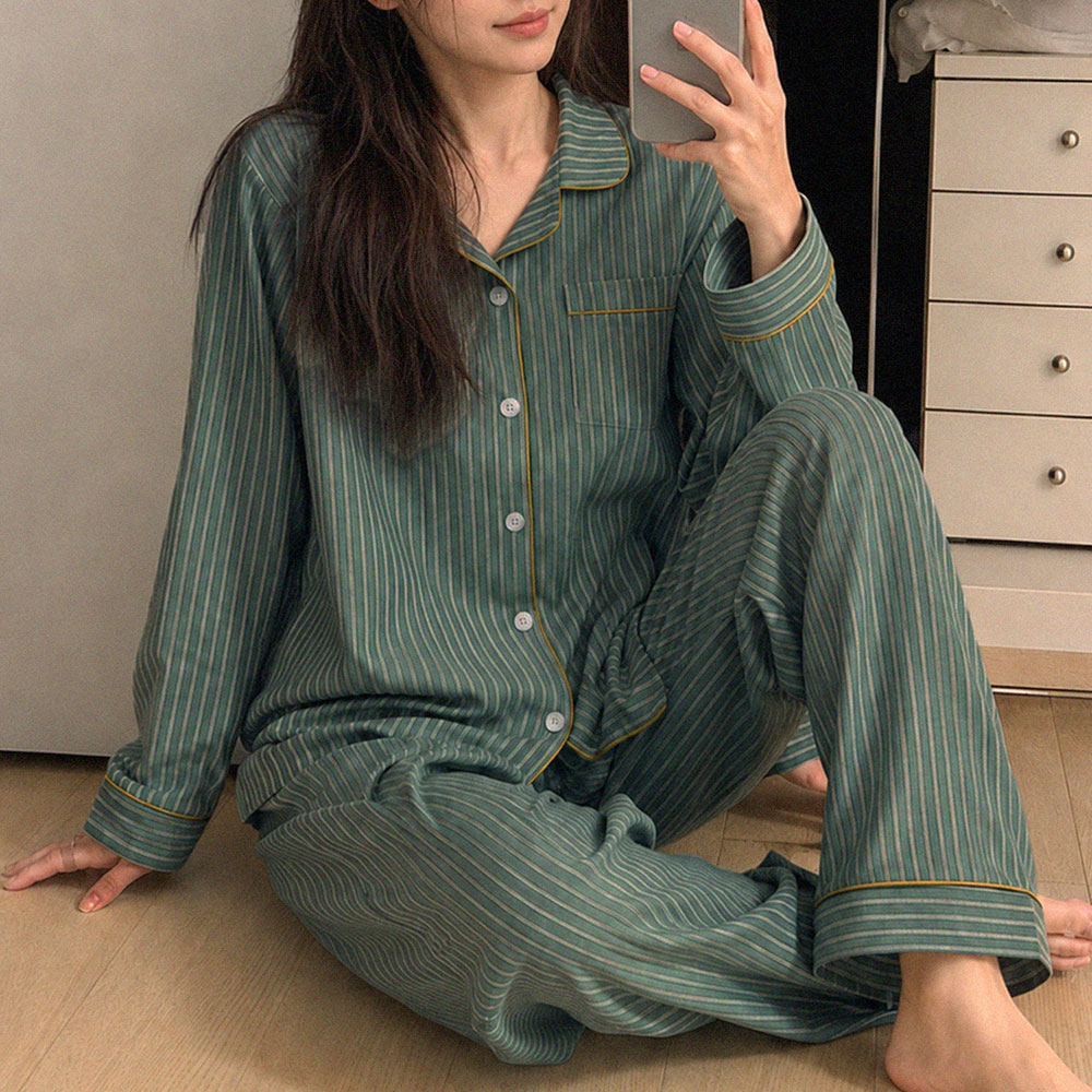 디오프 피치 커플 잠옷 긴팔 빅사이즈 스트라이프 파자마파티 - 상품 이미지