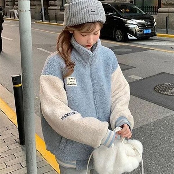 루즈핏 여성 뽀글이 점퍼 하이넥 여성 배색 점퍼 데일리 플리스 - 상품 이미지