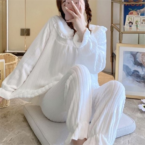 부드러운 여성 수면 잠옷 따뜻한 여성 레이스 잠옷 투피스 파자마 - 상세 이미지 2