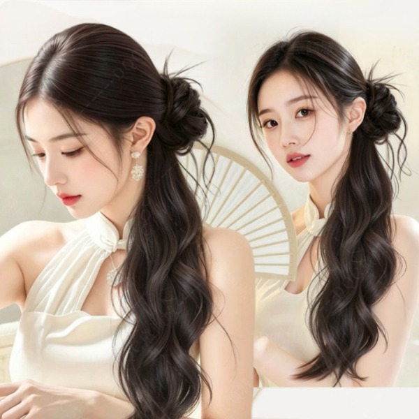 여성용 클립형 머리카락 일체형 볼륨업 가발 신중식 스타일 [더블 블루 대나무 헤어핀] - 상품 이미지