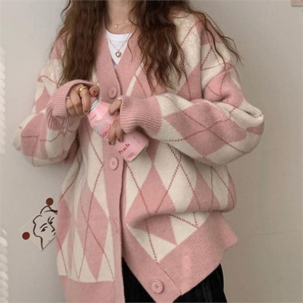 루즈핏 여성 아가일 가디건 베이직 여성 브이넥 가디건 데일리 간절기 - 상품 이미지