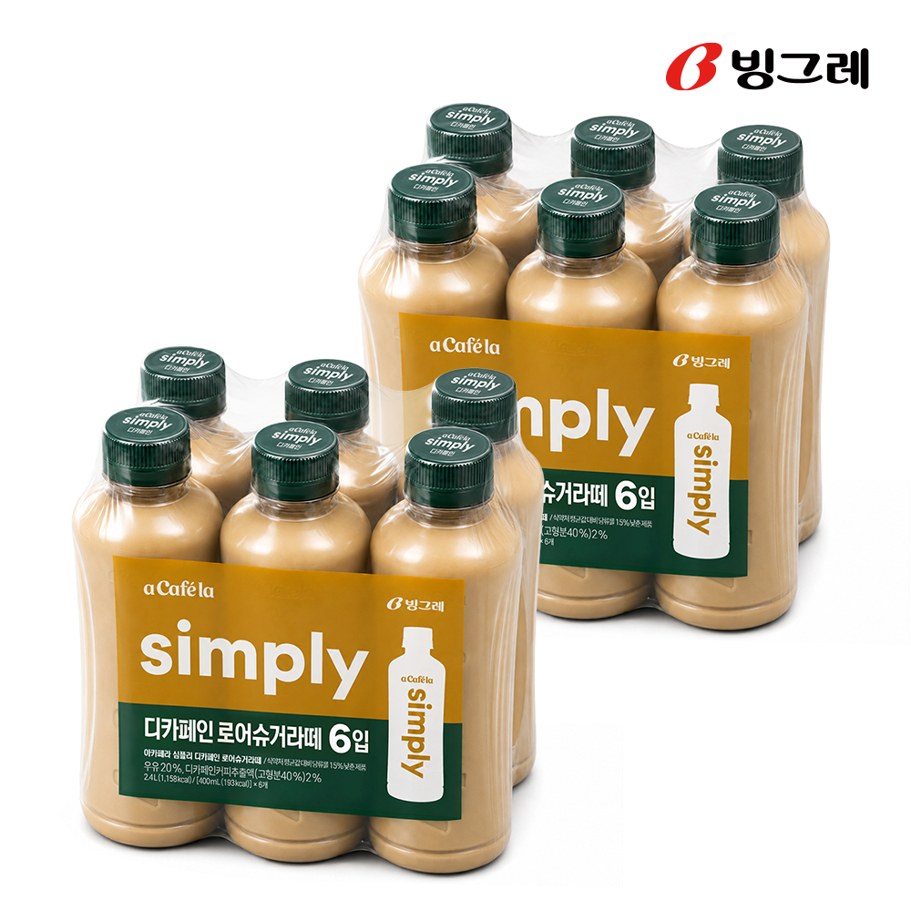 빙그레 아카페라 심플리 로어슈거 디카페인 라떼, 400ml, 12개