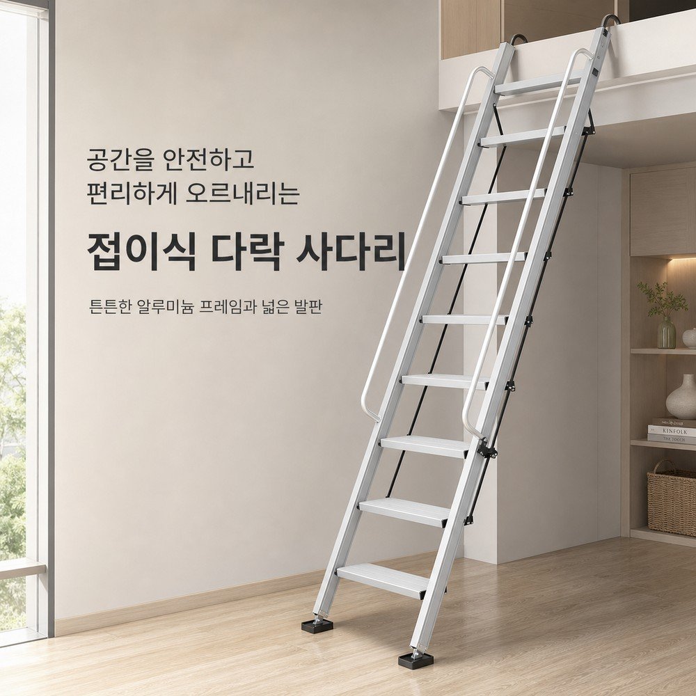 다락방 접이식 사다리 알루미늄 두꺼운 실내외 플랫폼 가정용 안전 손잡이 5단 1.5-1.6m - 상세 이미지 2