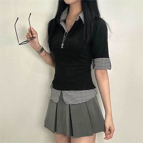 슬림핏 여성 반팔 카라 티 캐주얼 여성 체크 레이어드 티 - 메인 이미지