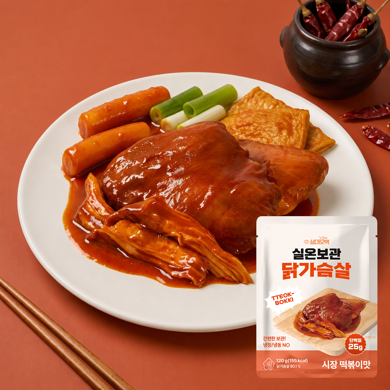 적색 배경에서 흰 접시에 담긴 떡볶이 맛 닭가슴살이 소시지, 떡, 단호박과 함께 배치되고 옆에 고추가 담긴 그릇이 있는 한끼 식사 구성