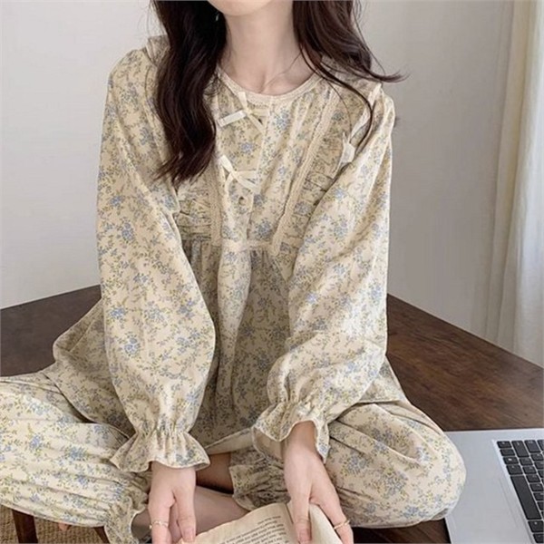 플라워 여성 긴 팔 잠옷 꽃무늬 여성 투피스 잠옷 웨어 - 상품 이미지