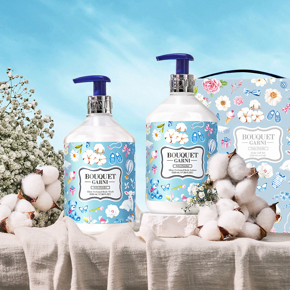 [1개] 부케가르니 퍼퓸 바디케어 2종 선물세트 (바디워시 520ml + 바디로션 520ml) 베이비파우더 향 - 상세 이미지 3